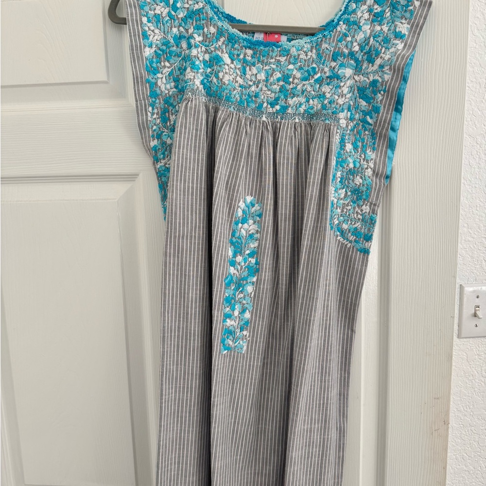 Mi Golondrina Gray and Teal Embroidered Mini Dress Sz L